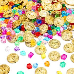 lot 6314 image: Pirate Treasure 100 Pieces Gold Coins and 100 Pieces Gem Jewelry Treasure Fake Gold Coins Toys for Pirate Party Decorations Halloween Adventure Themed Event Party Supplies