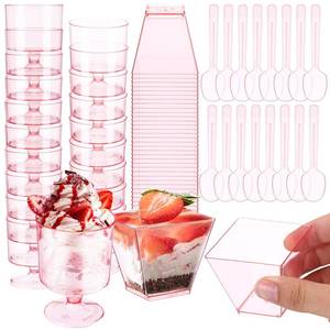 lot 6318 image: Funnymoom 100 Pack Pink Dessert Cups with Spoons 2oz Clear Plastic Dessert Parfait Cups Disposable and Reusable Mini Square Shot Glasses Round Goblet Shooters for Fruit Ice Cream Cake Party Supplies