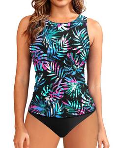 lot 6319 image: Aqua Eve Womenfts High Neck Tankini Swimsuits - Two Piece Tummy Control Bathing Suits Modest Swimwear 2025 Blue Leaves L