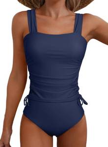 lot 6327 image: Aleumdr Womenfts 2 Piece Swimsuit Strappy Side Drawstring Tankini Tops Bathing Suit Sexy High Cut Bikini Bottom Swimwear Navy Blue Medium
