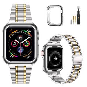 lot 6330 image: MioHHR Solid Stainless Steel Band Compatible with Apple Watch 38mm 40mm, Metal Strap with Soft TPU Case for iWatch Series 6 5 4 3 2 1 SE Women and Men (SilverGold, 3840 mm)