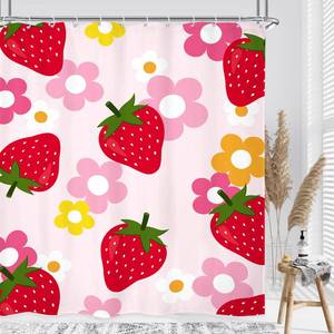 lot 6354 image: Kalmico Cute Strawberry Fruit Shower Curtain 60Wx72L Inch Girls Flower Y2K Pink Red Groovy Bathroom Set Accessories Decor Polyester Waterproof with 12 Pack Hooks