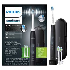 lot 6355 image: Philips Sonicare ProtectiveClean 5300 Rechargeable Electric Toothbrush, with Pressure Sensor, 3 Cleaning Modes, SmarTimer and QuadPacer, with 2 Bonus Brush Heads, Travel Case, Black, Model HX642334