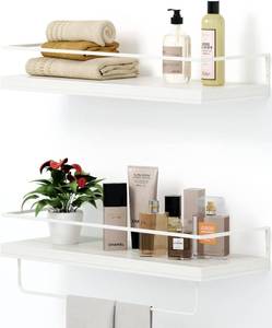 lot 6356 image: Shario Floating Shelves - Set of 2, Wall Mounted Hanging Shelves with White Towel Rack, Decorative Storage Shelves for Bathroom, Kitchen, Living Room and Bedroom (Rustic White)