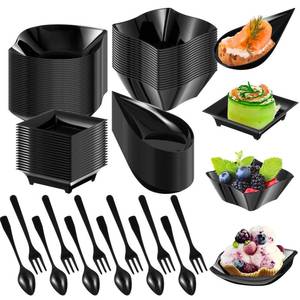 lot 6372 image: Tessco 200 Pcs Mini Appetizer Plates with Spoons Forks Disposable Mini Dessert Plates Plastic Appetizer Bowls Tiny Individual Serving Trays for Party(Black,Classic)