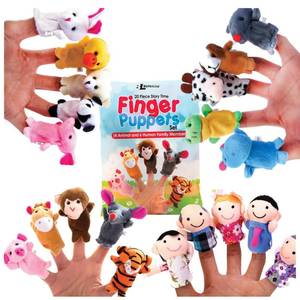 lot 6444 image: A20-Piece Story Time Finger Puppets Set - Cloth Velvet Puppets - 14 Animals and 6 People Family Members