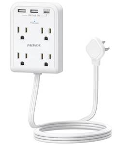 lot 6445 image: Flat Multi Plug Extender with 3 USB Wall Charger(1 Type C), 4 Outlet Wall Adapter, 4 ft Thin Extension Cord, Flat Plug Surge Protector Power Strip for Home, Office, College Dorm. White