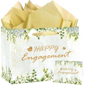 lot 6447 image: SUNDECO Sage Green Engagement Gift Bags - Large Wedding Favor Bags with Tissue Paper and Card, Bridal Shower Party Decorations, Engagement Party Supplies for Women