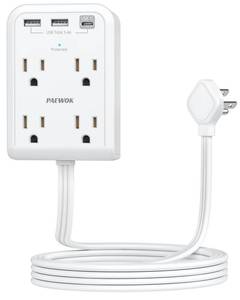 lot 6449 image: Flat Electrical Outlet Extender with USB C Ports, 4 Outlet 3 USB Wall Plug, 6 ft Thin Extension Cord, Flat Plug Power Strip Surge Protector for Home, Office. White