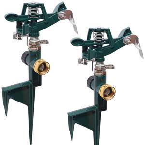 lot 9636 image: Biswing 2 Pack Impact Sprinkler Head on Metal Step Spike, Heavy Duty Zinc Alloy Lawn Sprinkler, Adjustable Coverage Nozzle on Sturdy Spike Base, 360 Degree Large Area Irrigation, Green