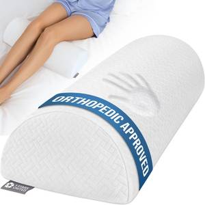 lot 9640 image: 5 STARS UNITED Knee Pillow for Back Sleeping  Memory Foam Cushion for Sciatica Pain Relief  Under Leg Support for Sleeping on Back  Half Moon Bolster for Bed, White