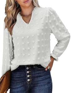 lot 53252 image: FACTORY SEALED - Womens White Dressy Casual Blouse Puff Sleeve V Neck Swiss Dot Shirt Plus Size Chiffon Fall Blouse 2024 Lightweight Elegant Work Wear Business Office Shirt Medium