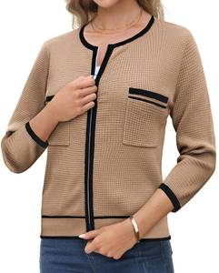 lot 53257 image: FACTORY SEALED - GRACE KARIN Womens 2024 Crew Neck Contrast Color Block Cardigan 34 Sleeve Zip Up Shrug Sweater with Pocket Khaki S