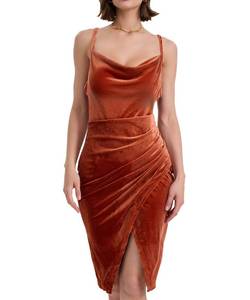lot 53259 image: FACTORY SEALED - Spaghetti Strap Bodycon Ruched Wrap Velvet Dress Midi Christmas Cocktail Party Dress for Women Orange XXL