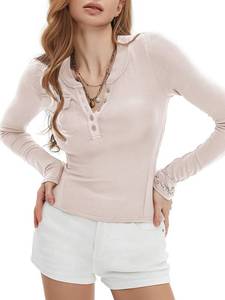 lot 53372 image: (UNUSED) EXLURA Womens 2025 Spring Long Sleeve Henley T Shirts Button Ribbed Knit Slim Fit Casual Basic Tops Apricot - Small