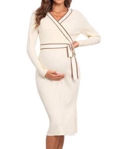 lot 53379 image: FACTORY SEALED - V FOR CITY Maternity Sweater Dress Spring Baby Shower Split Ribbed Knit Tie Waist Long Sleeve Pregnancy Dresses Winter Cream Medium