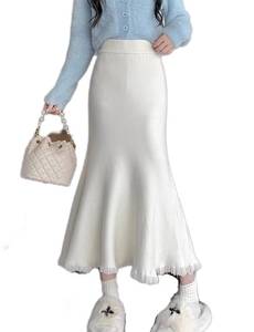 lot 53419 image: FACTORY SEALED - Kisidoo Womens Knit Maxi Pencil Bodycon Fishtail Skirts, High Waist Elastic Long Fringe Wrap Skirt for Fall Winter 2024 Apricot