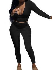 lot 53420 image: FACTORY SEALED - LovelyWholesale Women 2 Piece Outfits Low Cut Long Sleeve Crop Top and leggings Set Black Small