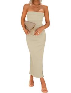 lot 53476 image: FACTORY SEALED - ZESICA Womens 2025 Summer Strapless Bodycon Midi Dress Off Shoulder Sleeveless Side Slit Tube Long Club Party Dresses,Sand,Large - Retail $50