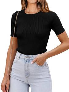 lot 53494 image: FACTORY SEALED - PRETTYGARDEN Womens Tops 2024 Summer Crewneck Short Sleeve Ribbed Knit Top Casual Solid Color Slim Fitted Basic T Shirts(Black,Small)