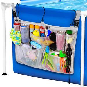 lot 53515 image: FACTORY SEALED - Above Ground Pool Hanging Bag Poolside Storage Basket Organizer Mesh Pool Toy Holder Pool Accessories Pockets Organizer Fits 2.3 Inch or Less Top Rail for Pool SideFenceDeckPatios(Grey)