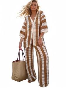 lot 53523 image: FACTORY SEALED - Ponitrack Crochet Sets Two Piece Women Beach Coverups Summer Vacation Outfits Bathing Suit Cover Up Pants Button Up Tops (Brown,S,Small)