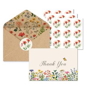 lot 53564 image: FACTORY SEALED - OXYLIPO Floral Thank You Cards with Envelopes, 24 Pack, 4x6 inches, Wildflower Design, Adhesive Envelopes & Stickers