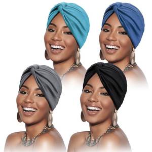 lot 53583 image: FACTORY SEALED - SATINIOR 4 Pieces Turbans for Women Soft Pre Tied Knot Fashion Pleated Cancer Turban Cap Chemo Headwrap Sleep Hat, 4 Colors(Black, Grey, Navy Blue, Denim Blue)