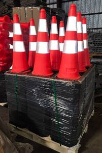 lot 4079 image: 250 Unused 2025 LandHero Road Cones - Rubber Black Base w High Strength Membrane - Each Cone 5lbs 30x14x14in - Lot of 250 Cones on One Skid 43x43x63in 1300lbs