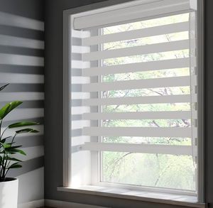 lot 7871 image: 18x72 in Zebra Roller Blinds, Dual Layer Light Control, White.