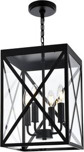 lot 7921 image: $160 Black Outdoor 4-Light Hanging Pendant with Clear Glass Cage