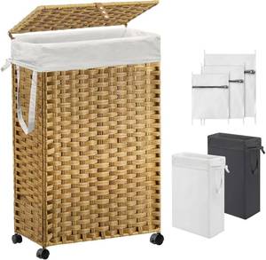 lot 7980 image: $60 70L Slim Laundry Hamper, Lid & Wheels, 2 Liners, Handwoven Rattan