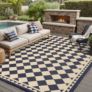 lot 8010 image: $90 Outdoor Rug Waterproof Mat, Large Reversible (10x14, Checkered)