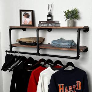 lot 8035 image: $120 Industrial Pipe Clothing Rack with Top Shelf, 2 Tiers, Brown