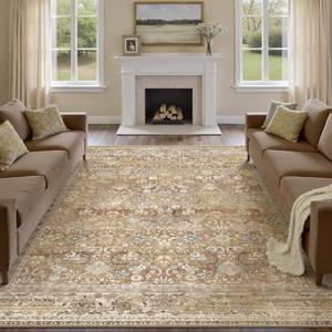 lot 8043 image: $73 6x9 Machine Washable Floral Rug Brown Beige Low Pile Carpet
