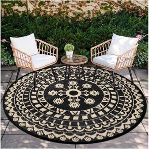 lot 8091 image: $50 6x6 Round Outdoor Patio Rug - Reversible Boho Circle Rug, Beige