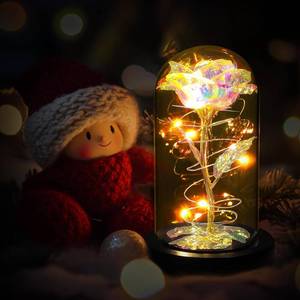 lot 8115 image: Childom Light Up Rose in Glass Dome, Colorful Rainbow Flowers