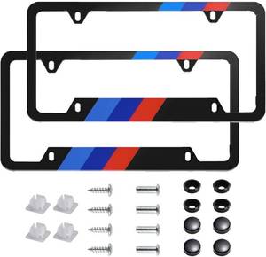 lot 8160 image: Blue & Red Stripes Black License Plate Frames - Universal Set