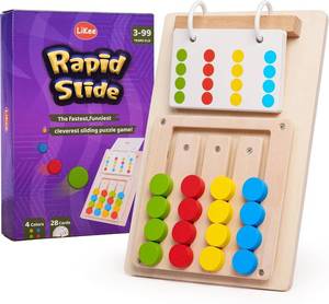 lot 8171 image: LiKee No-Lose-Parts Wooden Color Matching Slide Puzzle, Montessori