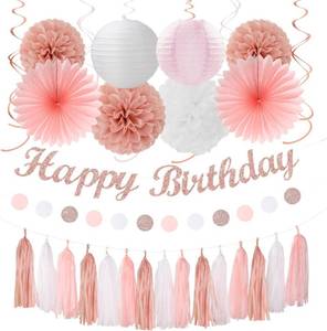 lot 8229 image: Rose-Gold Pink-White Birthday Deco - 31pcs Lanterns Pom Poms