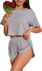 lot 8241 image: OYOANGLE Womens Striped Two Piece Pajama Set - Tee & Shorts