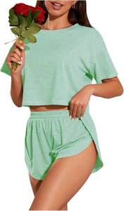 lot 8242 image: OYOANGLE Womens Striped PJ Set Short Sleeve & Shorts