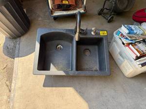lot 41531 image: Black Double Bowl Kitchen Sink with Faucet