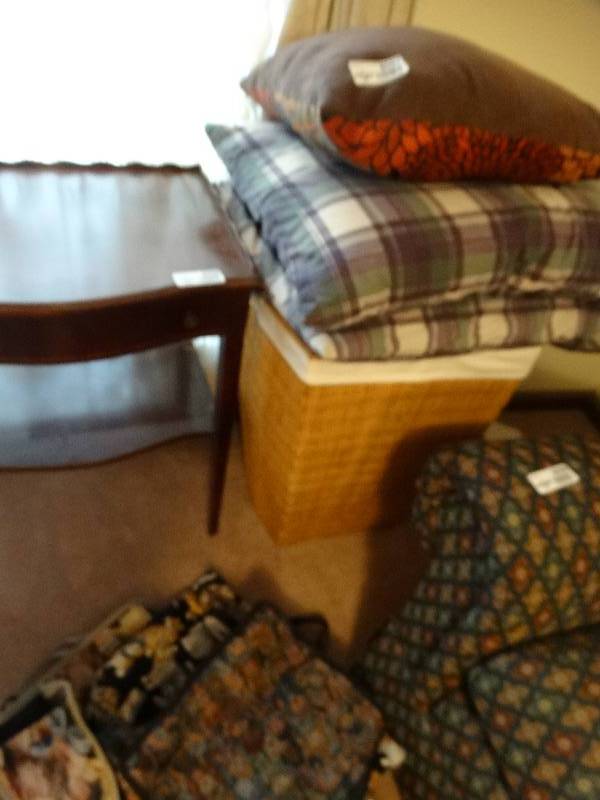 lot 8097 image: Hamper, pillows, bags 2 with wheels.