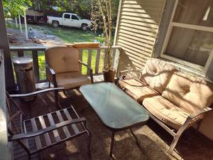 lot 221 image: Patio furniture Set 2 - Chairs, Glass top Table and Loveseat.