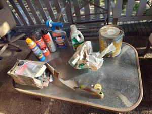 lot 224 image: Chemicals, cutter, ant and roach and spider killer, handheld shovel and seat cover.