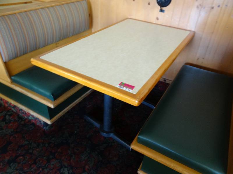 lot 4190 image: Single 48 X 28 Laminated Top Table with Two  Metal Bases