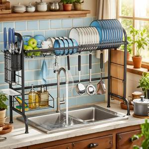 lot 1669 image: MOUKABAL Dish Drying Rack - Stainless Steel Over The Sink Dish Drying Rack (Expandable Length), Large Dish Rack with Utensil Holder, 32.3 - 33.9(L) x 11.4(W) x 23(H) Black - Retail $58