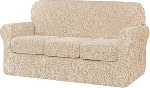 lot 1680 image: SUBRTEX Sofa Cover 4 Piece Couch Cover Stretch Christmas Sofa Slipcover Jacquard Damask with 3 Separate Seat Cushion Washable Furniture Protector for 3-Seater (Large, Khaki) - Retail $44