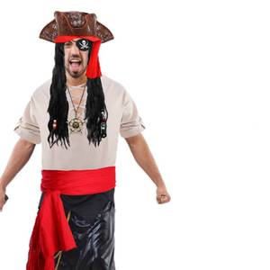 lot 1682 image: Silkfly 6 Pcs Pirate Mens Costume Carnival Renaissance Shirts Pirate Hat Necklace Eye Mask Sash Medieval Party Captain(Medium) - Retail $29